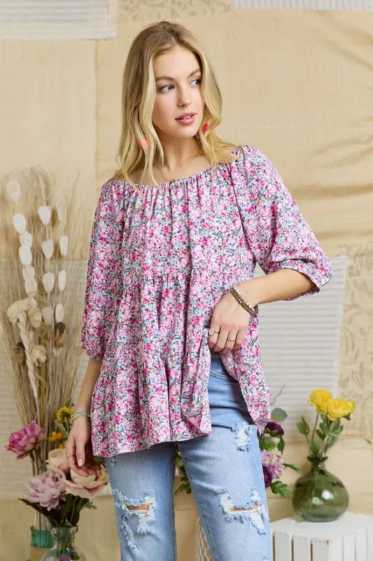 ADORA Elasticized Round Necking Floral Print Tunic Top  Shop One Place