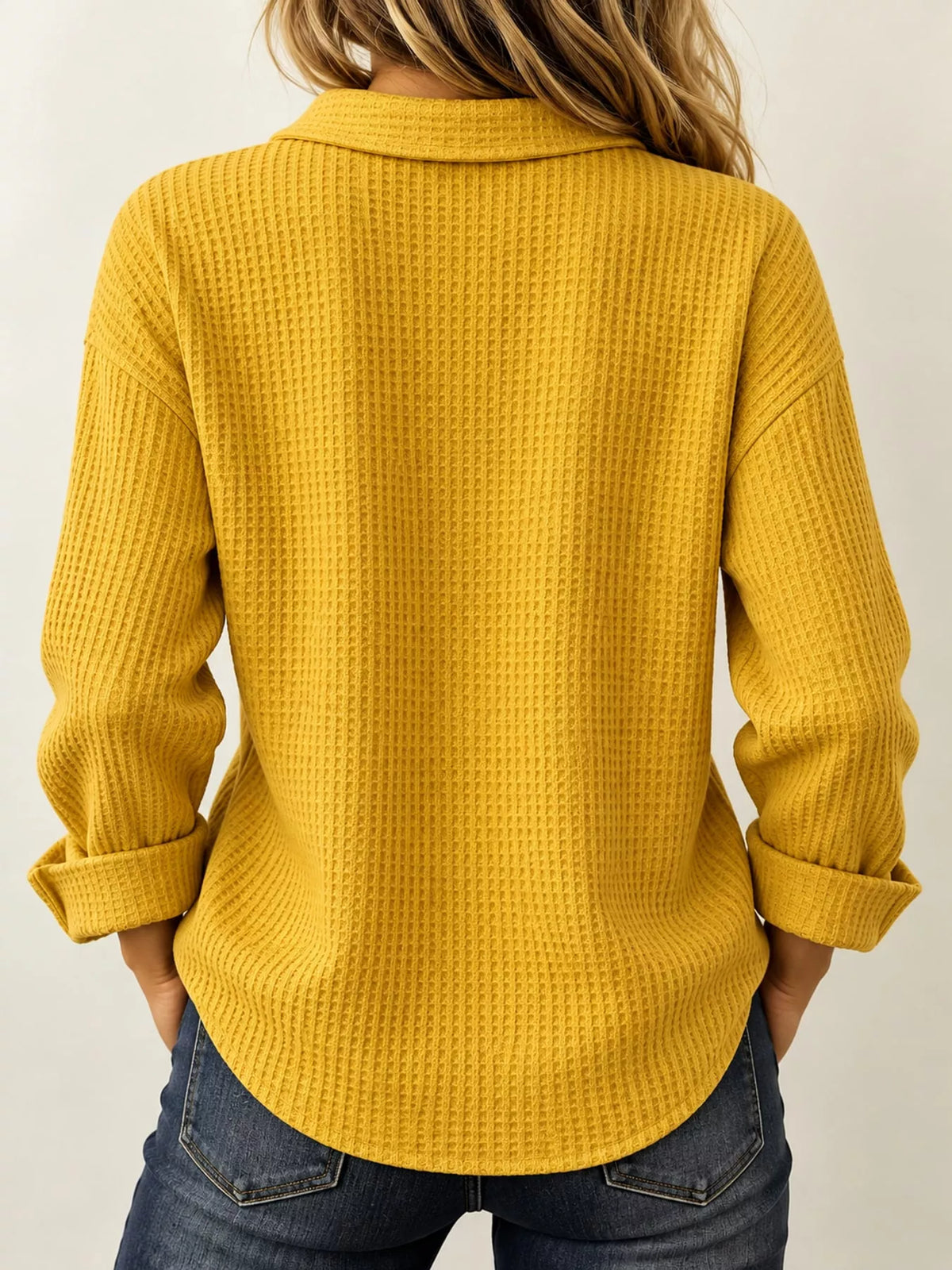 Full Size Waffle Knit Long Sleeve Polo Top Plus Size  Shop One Place