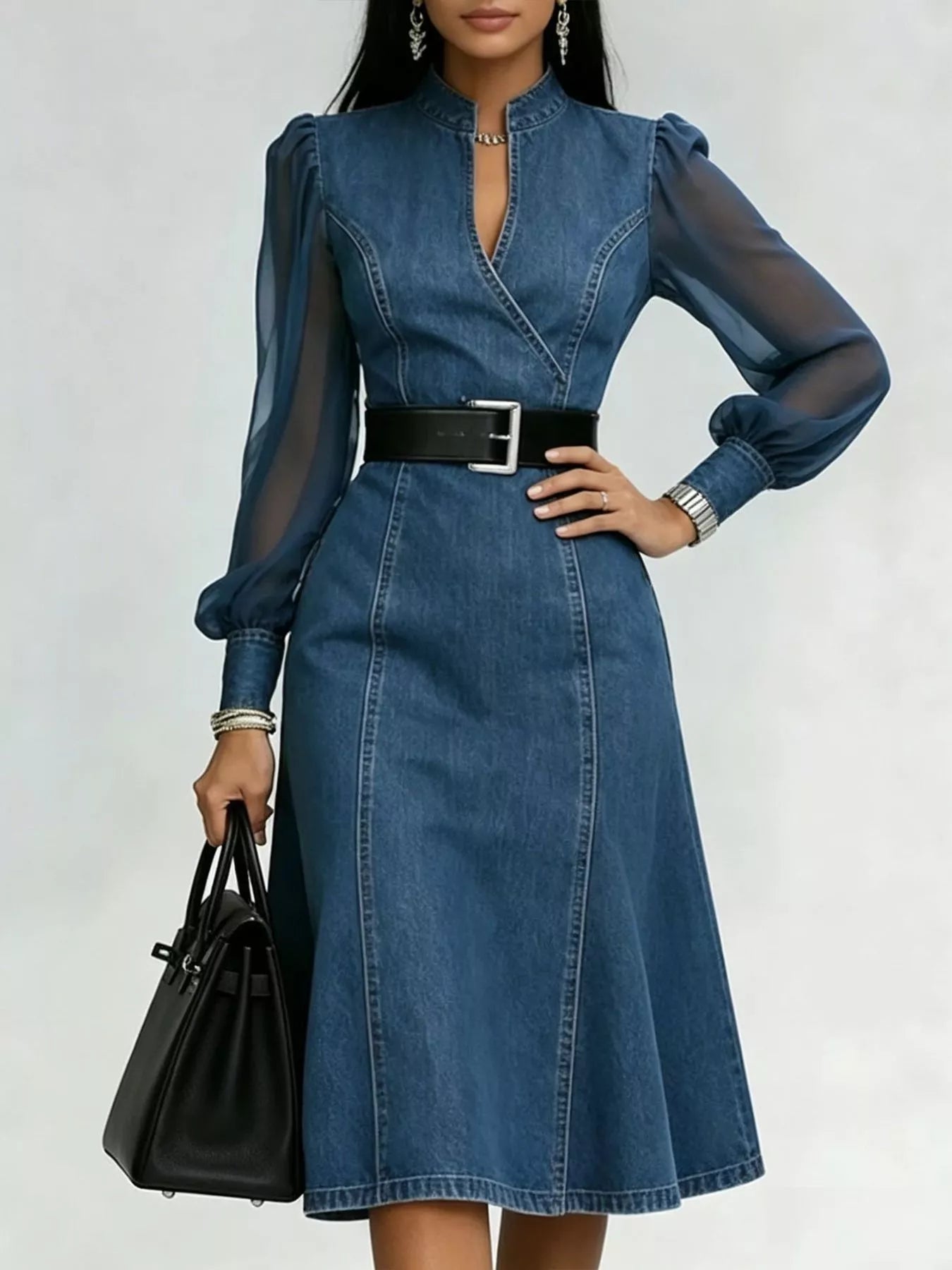 Denim Midi Dress with Sheer Sleeves  Shop One Place