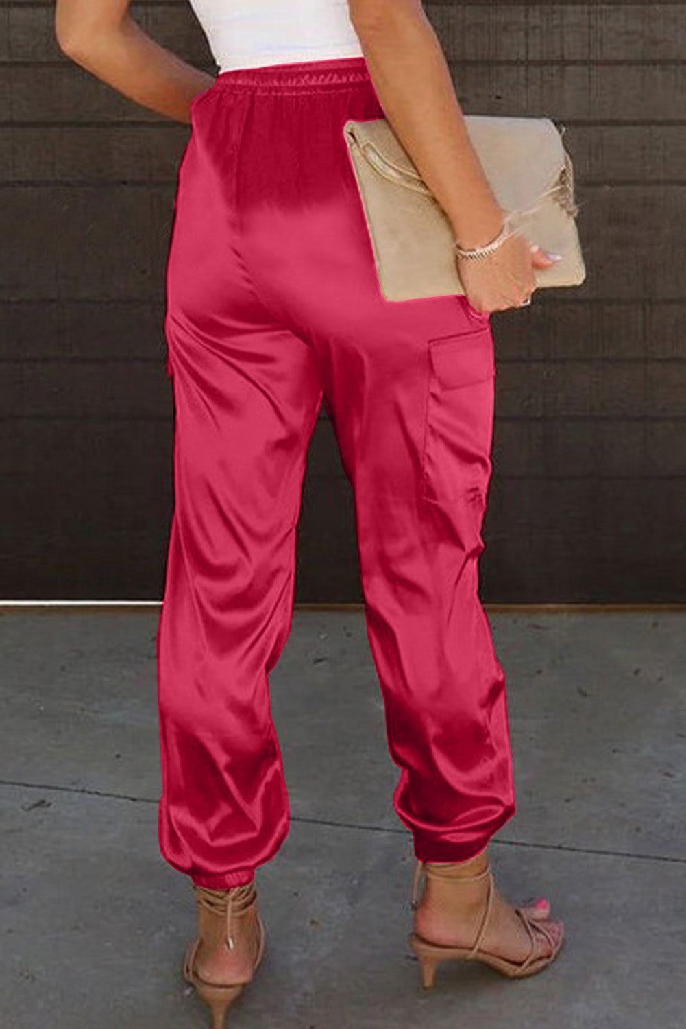 Rose Satin Pocketed Drawstring Elastic Waist Jogger Pants