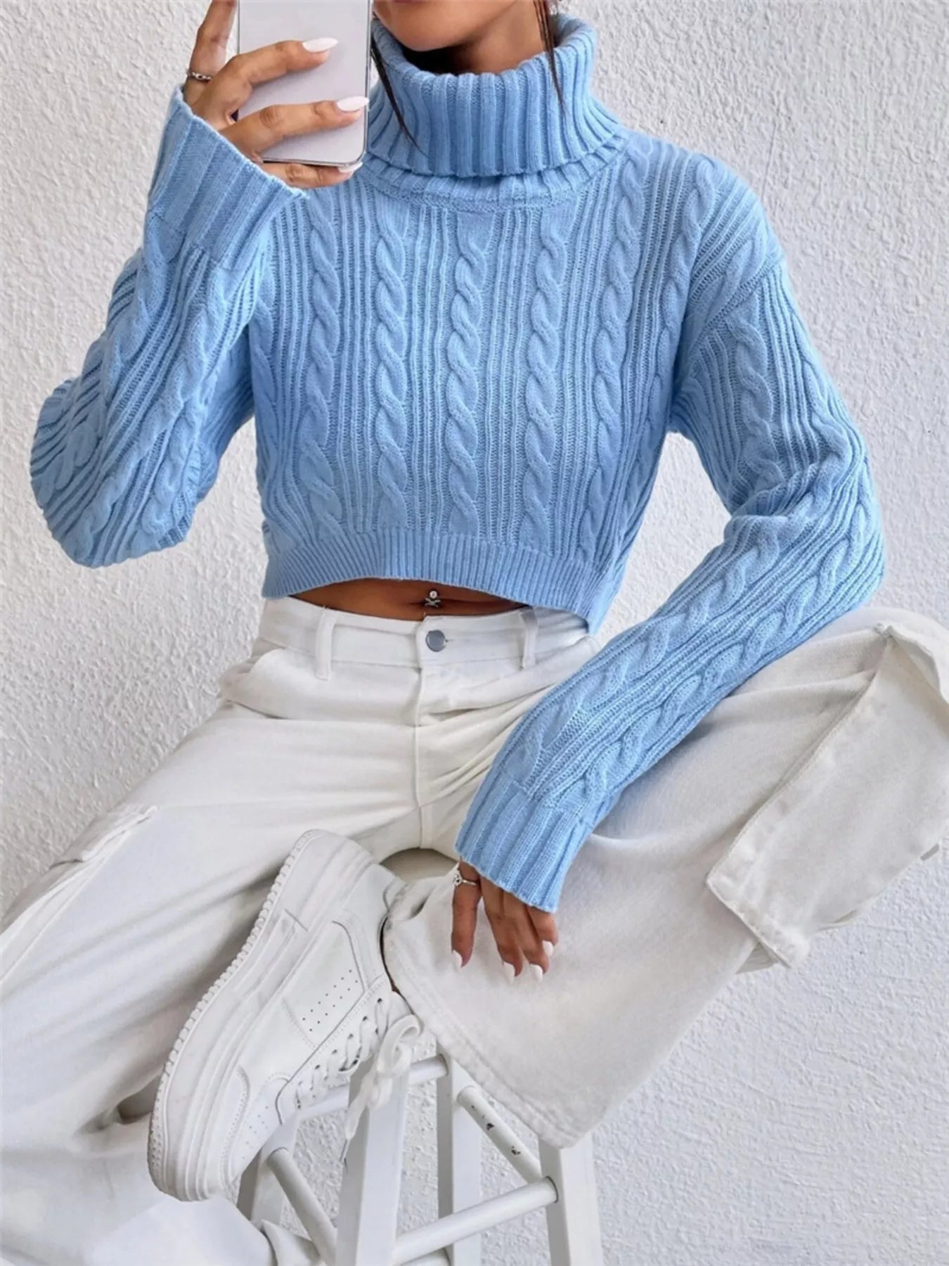 Cable-Knit Turtleneck Long Sleeve Sweater  Shop One Place