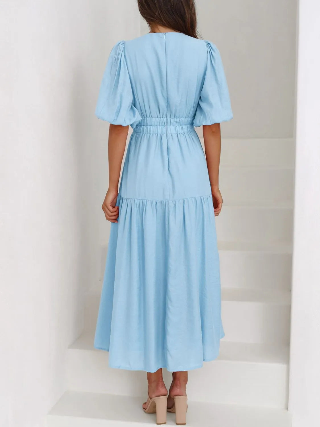 V-Neck Puff Sleeve Midi Dress  Shop One Place