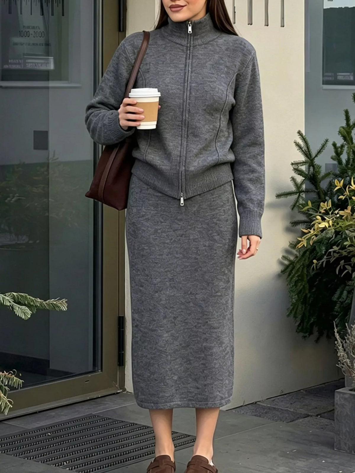 Zip-Up Mock Neck Cardigan and Matching Midi Skirt Sweater Set  Shop One Place