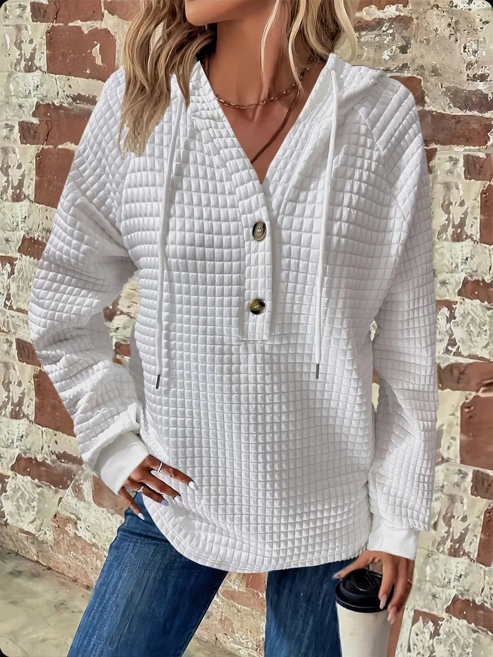 Full Size Texture Button Detail Drawstring Long Sleeve Hoodie  Shop One Place