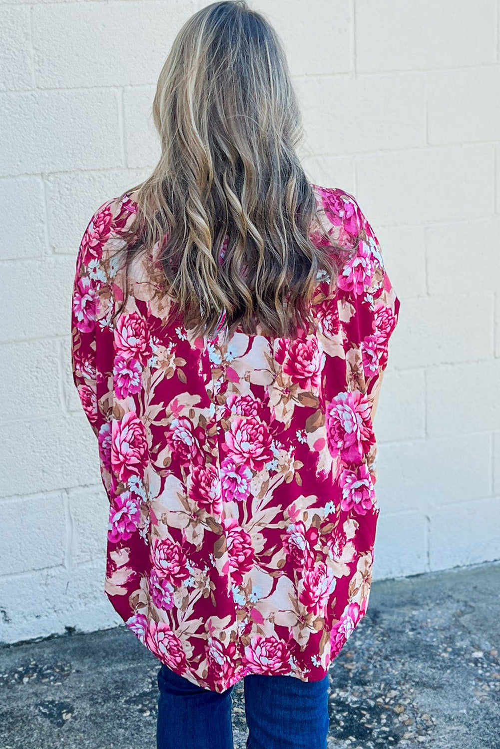 Red Plus Size Floral Print Half Sleeve Blouse