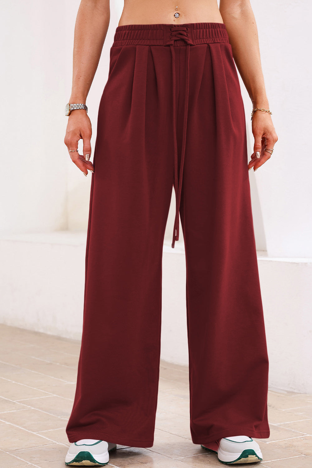 Tied Elastic High Waist Pleated Detail Solid Sweatpants