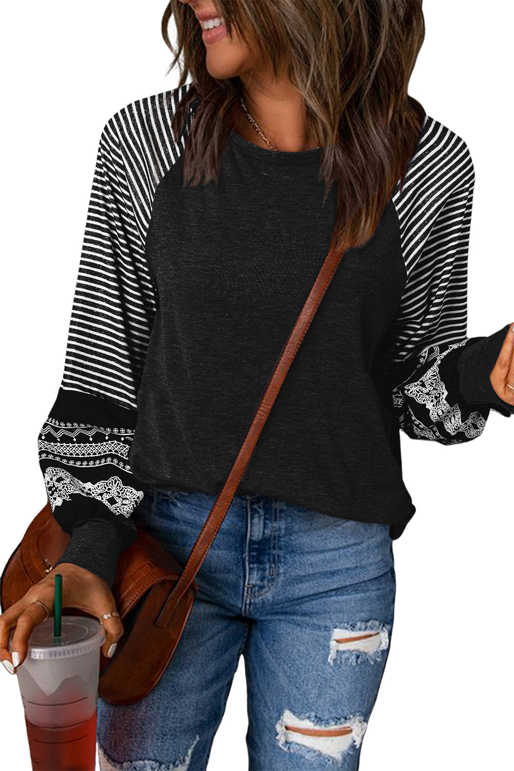 Contrast Print Striped Raglan Long Sleeve Loose Top  Shop One Place
