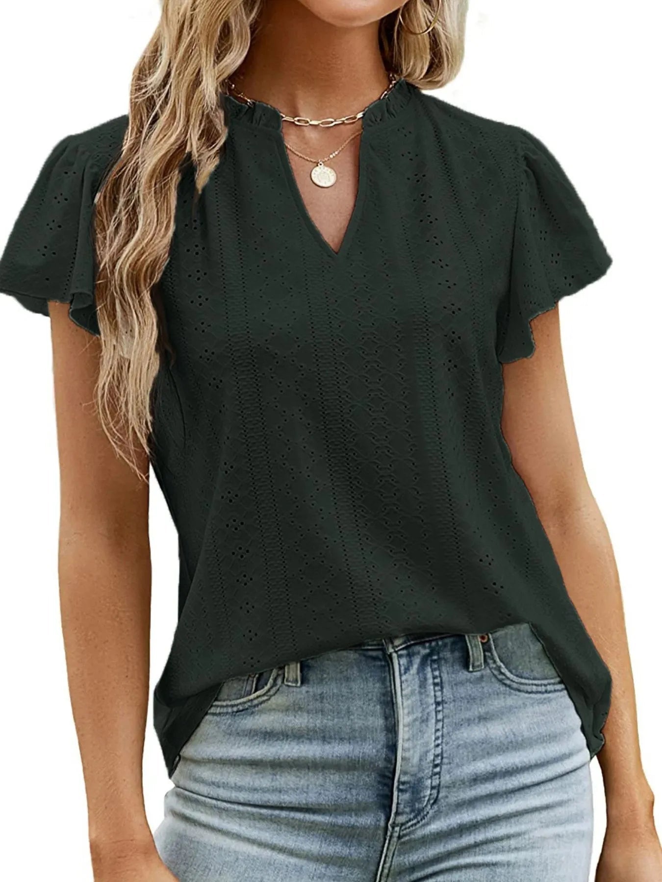 Women's Eyelet Notched Neck Short Sleeve T-Shirt – Lightweight Casual Summer Top | Shop One Place  Shop One Place
