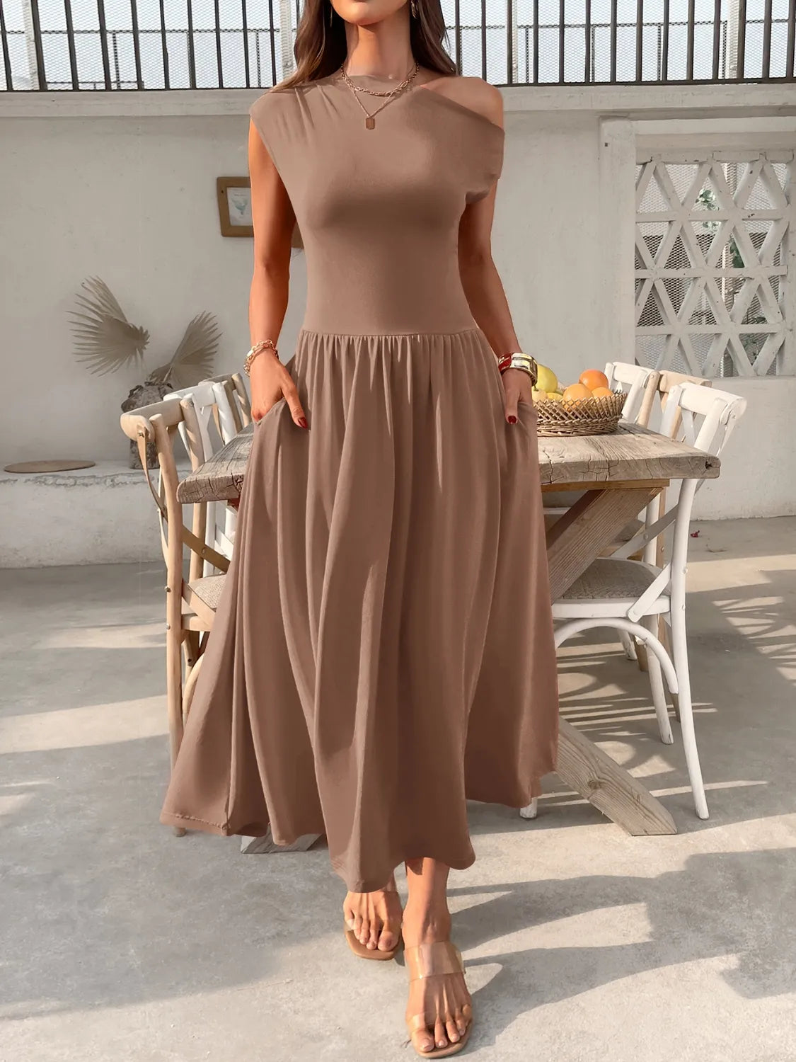 Single Shoulder Midi Dress with Pockets  Shop One Place