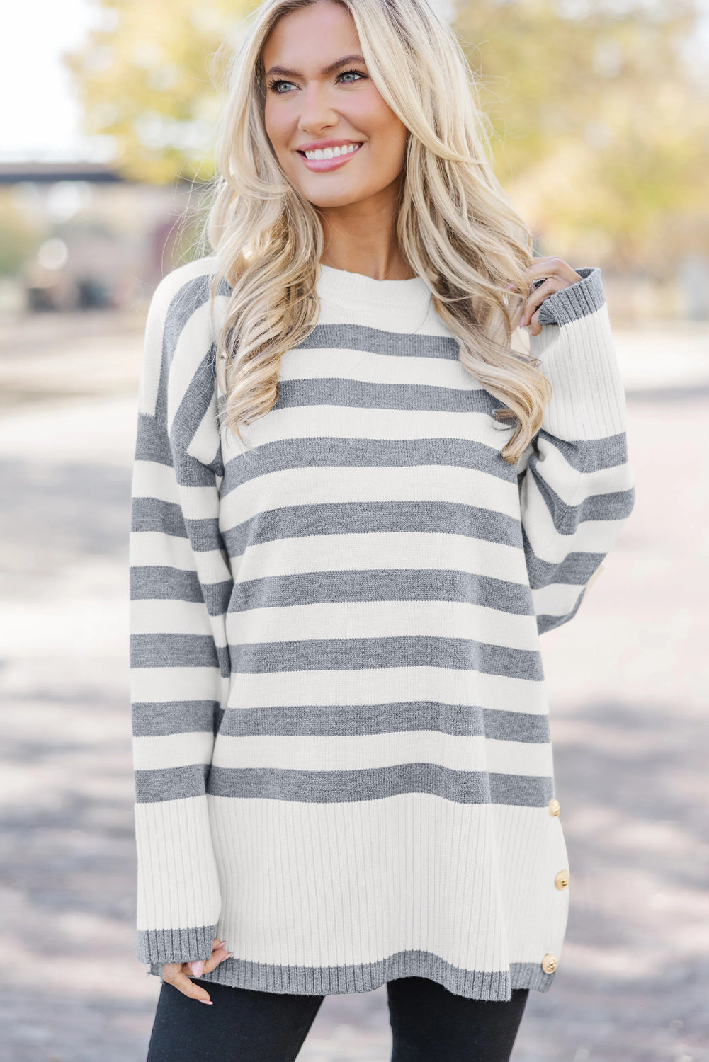 Gray Stripe Ribbed Buttoned Detail Drop Shoulder Tunic Sweater  Shop One Place