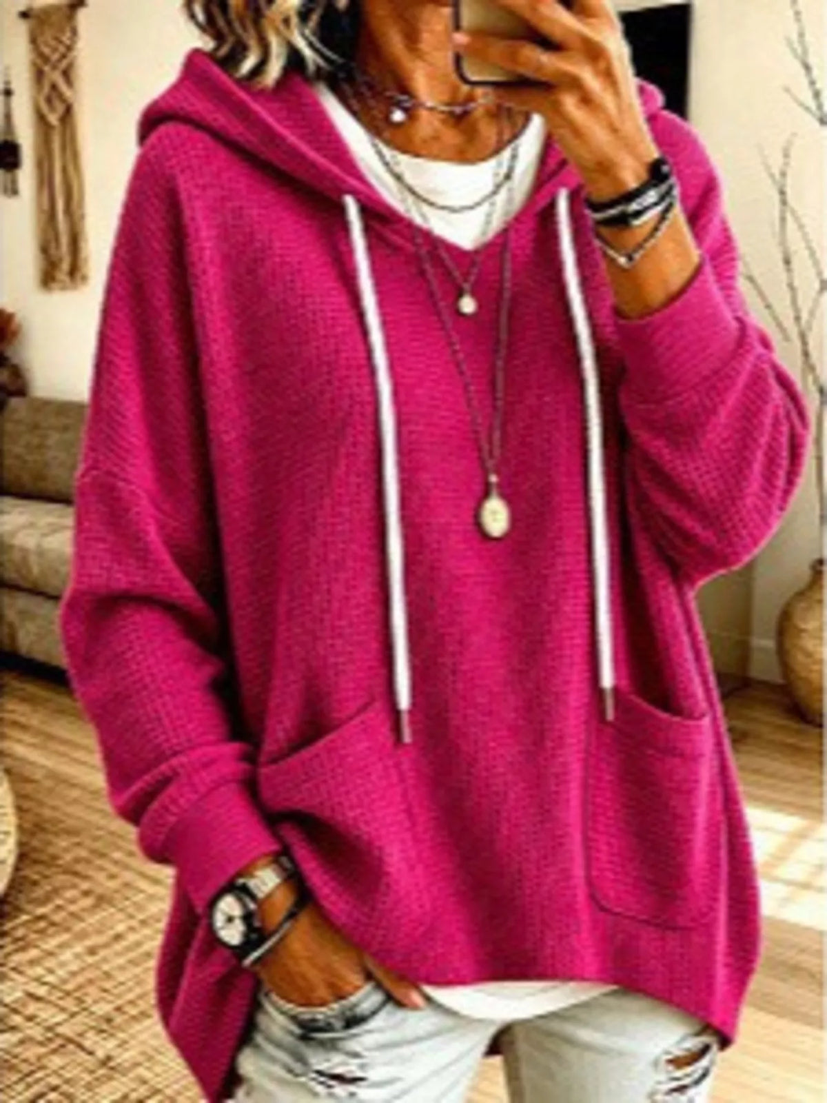 Women's Waffle Knit Hoodie with Pockets