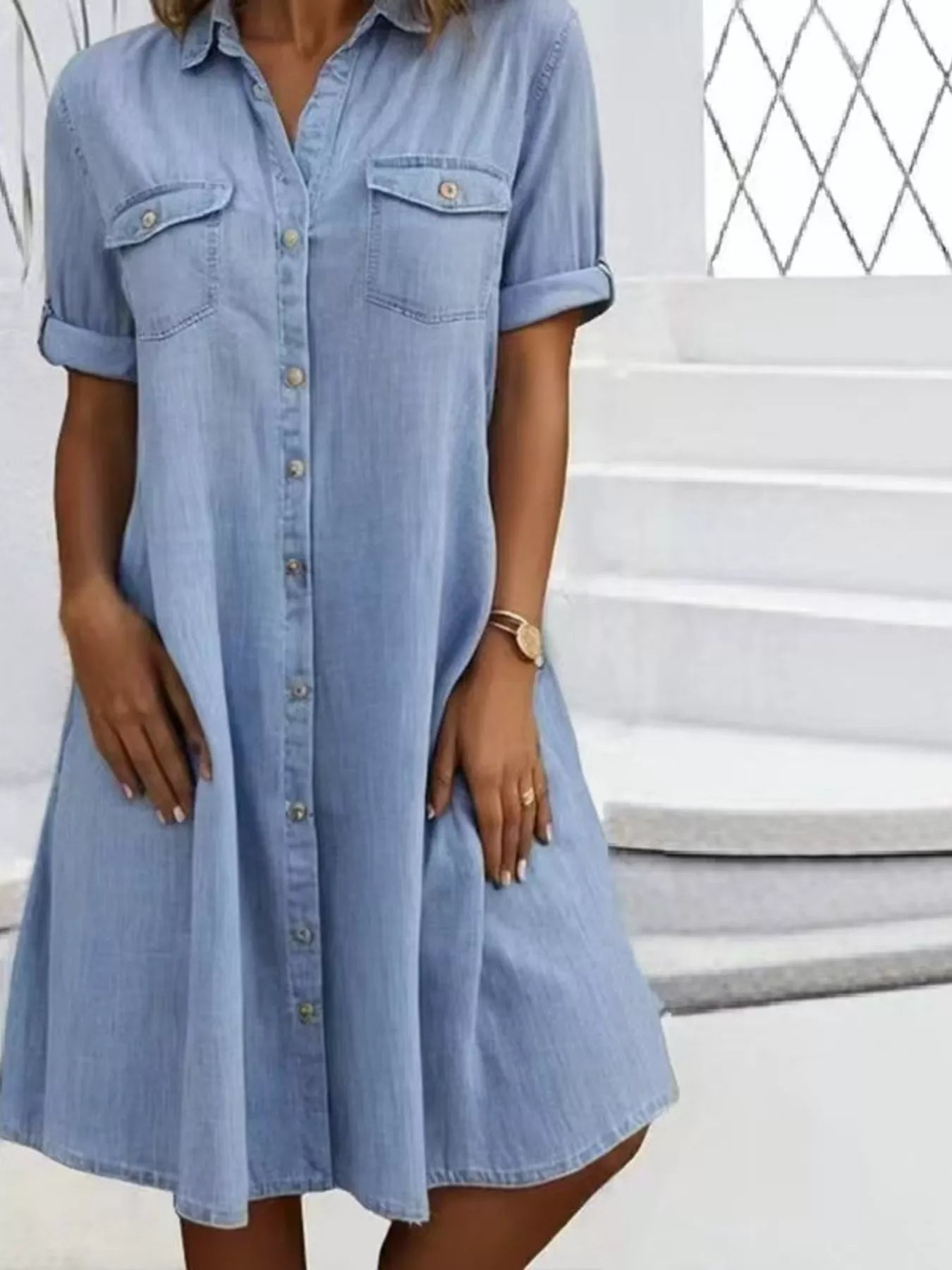 Full Size Button-Front Short Sleeve Denim Dress Plus Size  Shop One Place