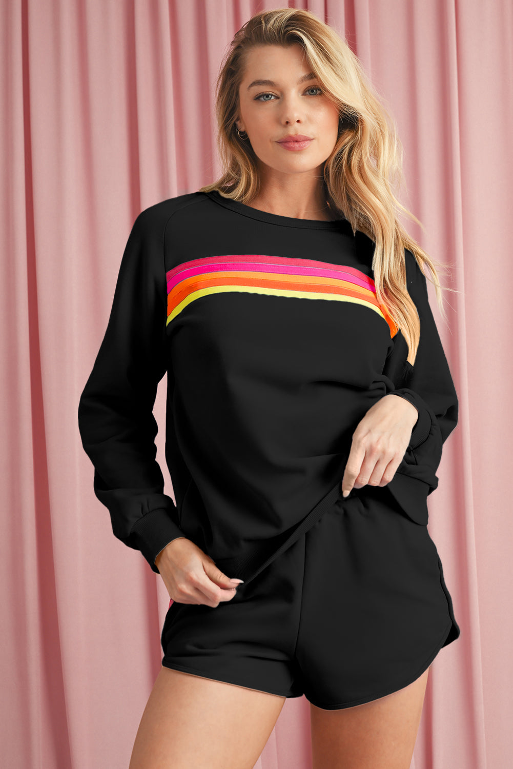 Bonbon Colorful Striped Long Sleeve Pullover and Shorts Set  Shop One Place