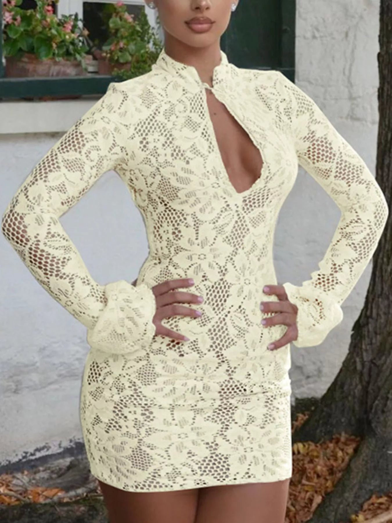 Lace Cutout Long Sleeve Mini Dress  Shop One Place