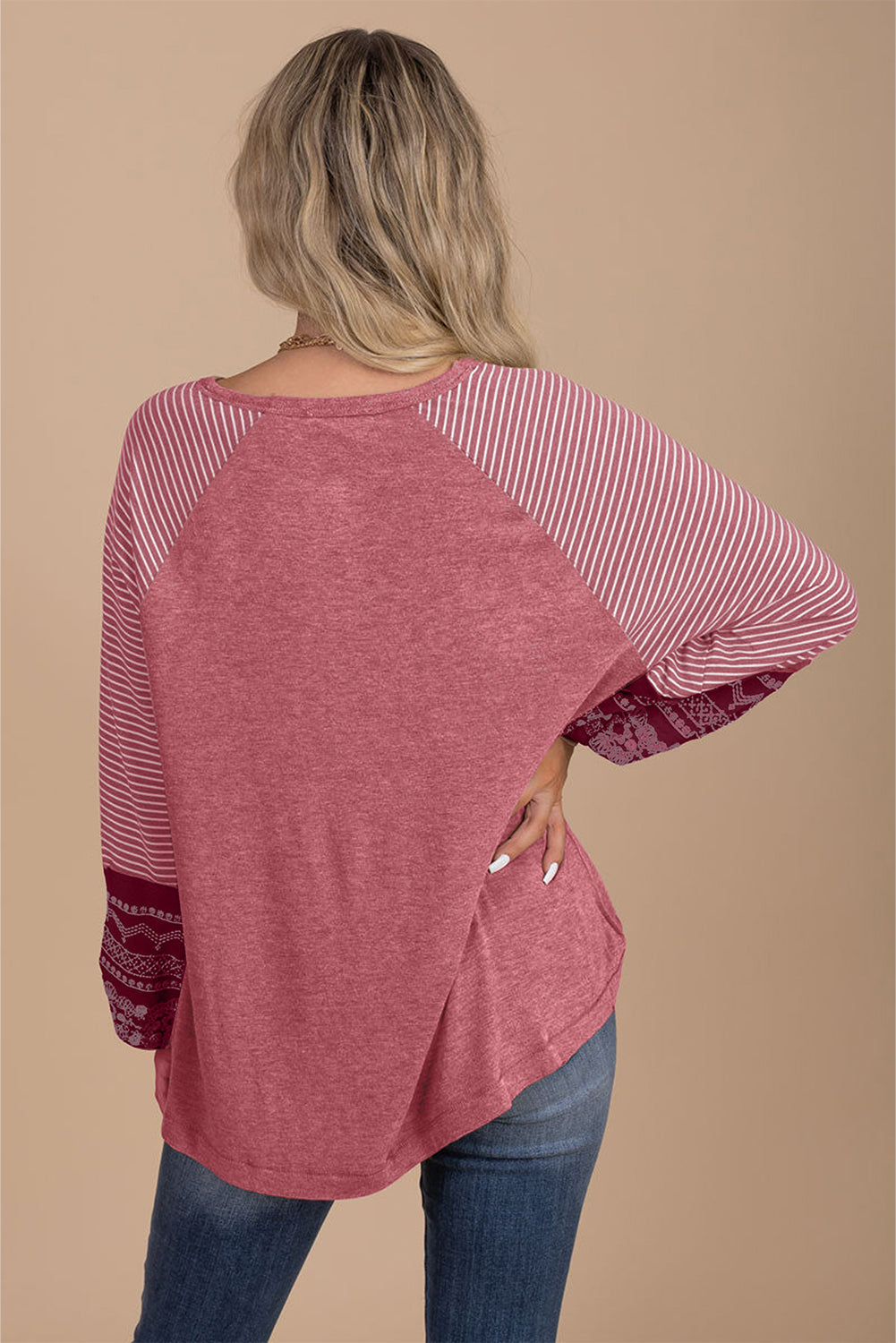 Gray Contrast Print Striped Raglan Long Sleeve Loose Top  Shop One Place