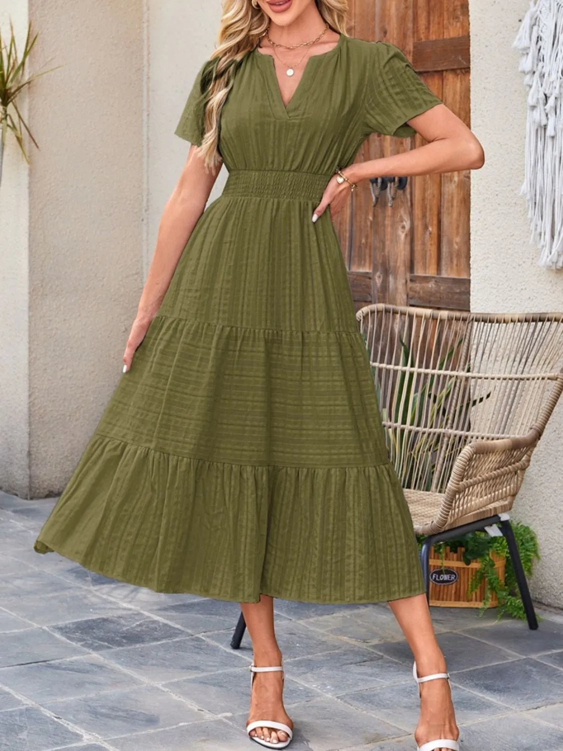 Tiered Notched Short Sleeve Dress  Shop One Place
