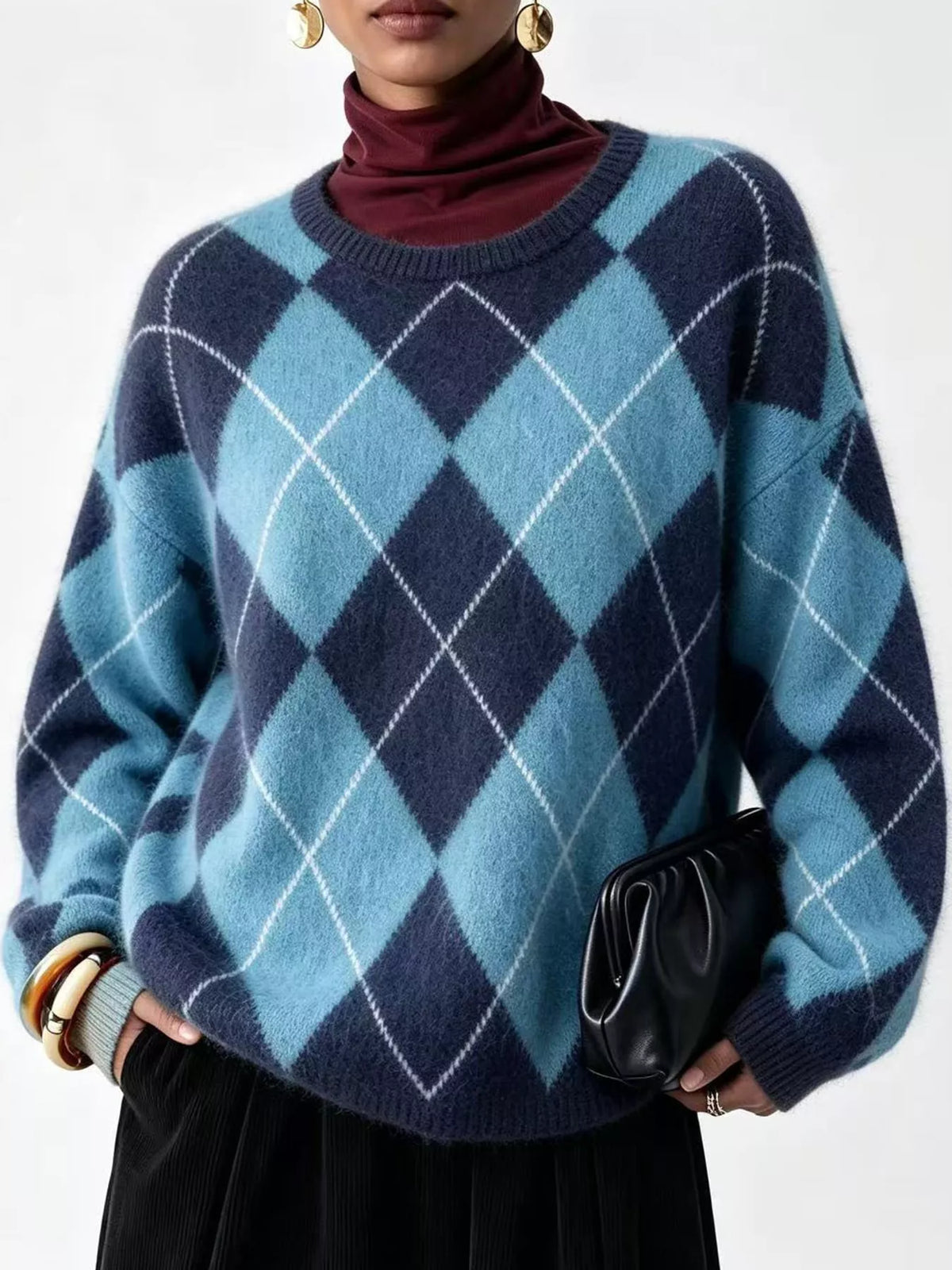 Women's Argyle Fuzzy Knit Sweater – view 26
