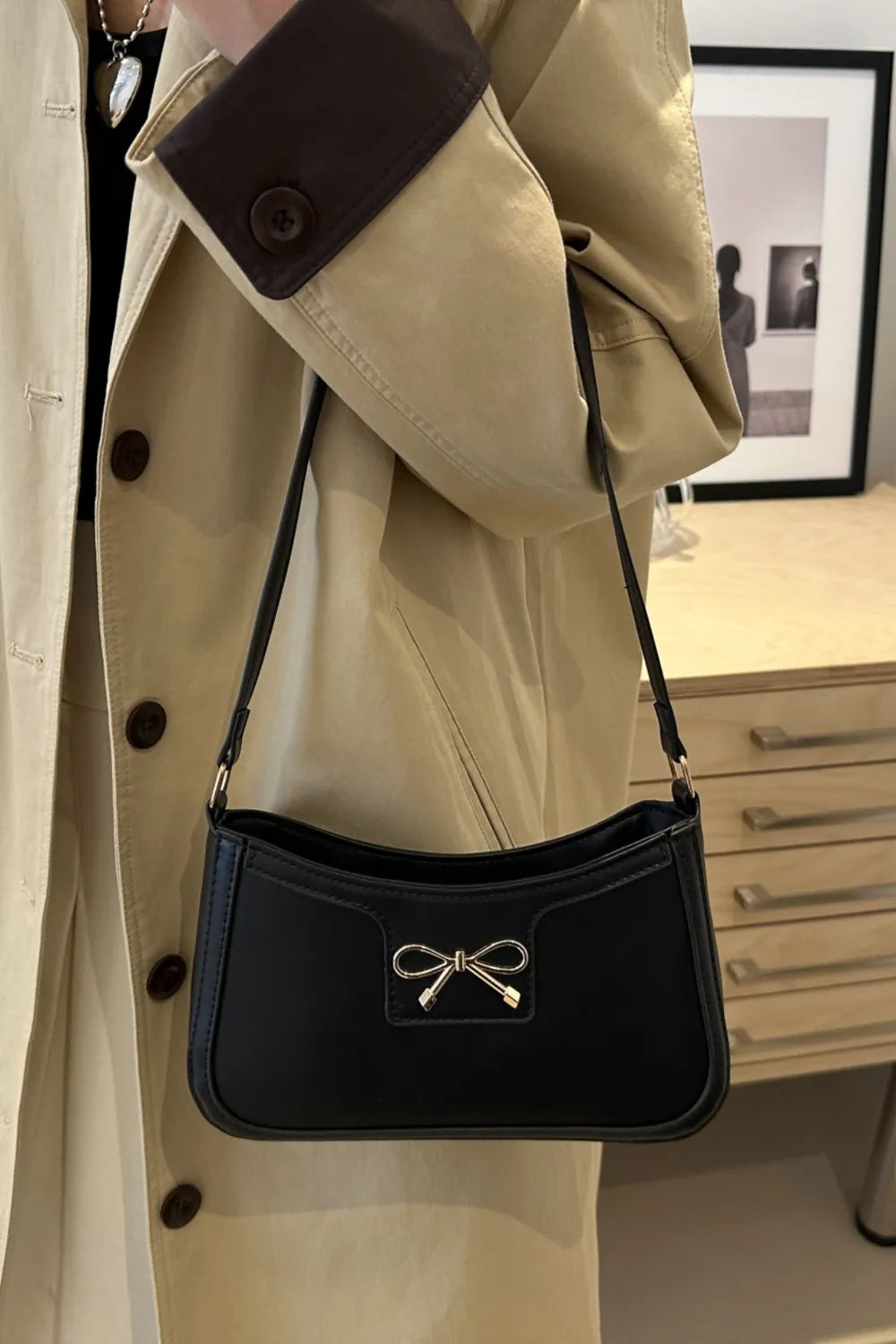 Bow Trim PU Leather Shoulder Bag  Shop One Place
