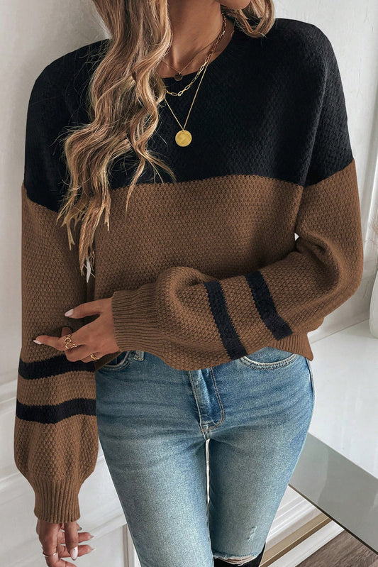 Dark Brown Colorblock Striped Sleeve Detail Knit Sweater  Shop One Place