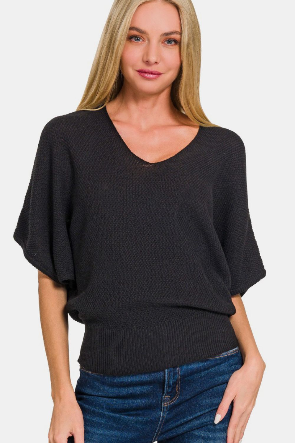 Zenana Black V-Neck Short Sleeve Dolman Sweater