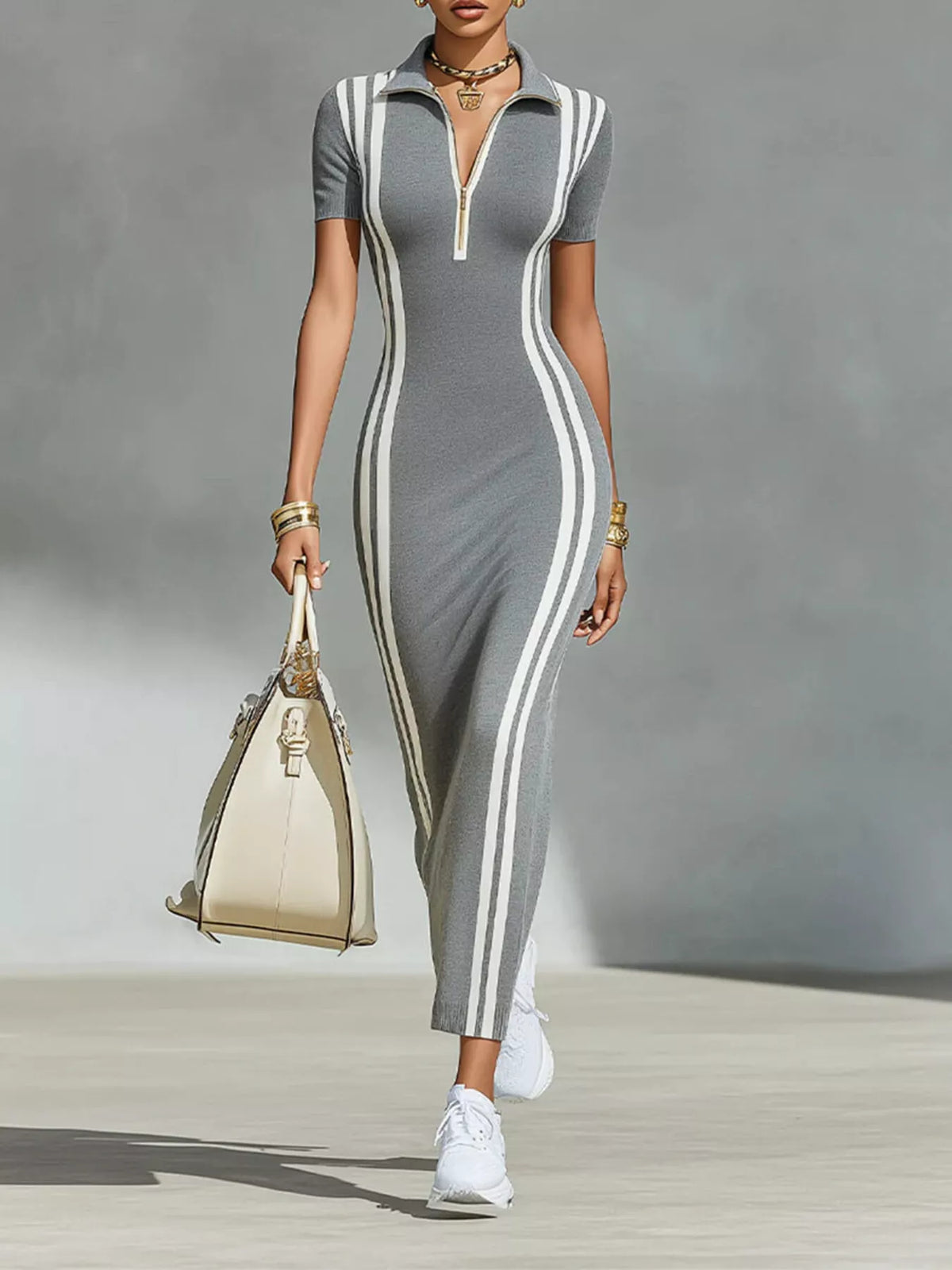 Women's Side Stripe Short Sleeve Maxi Dress
