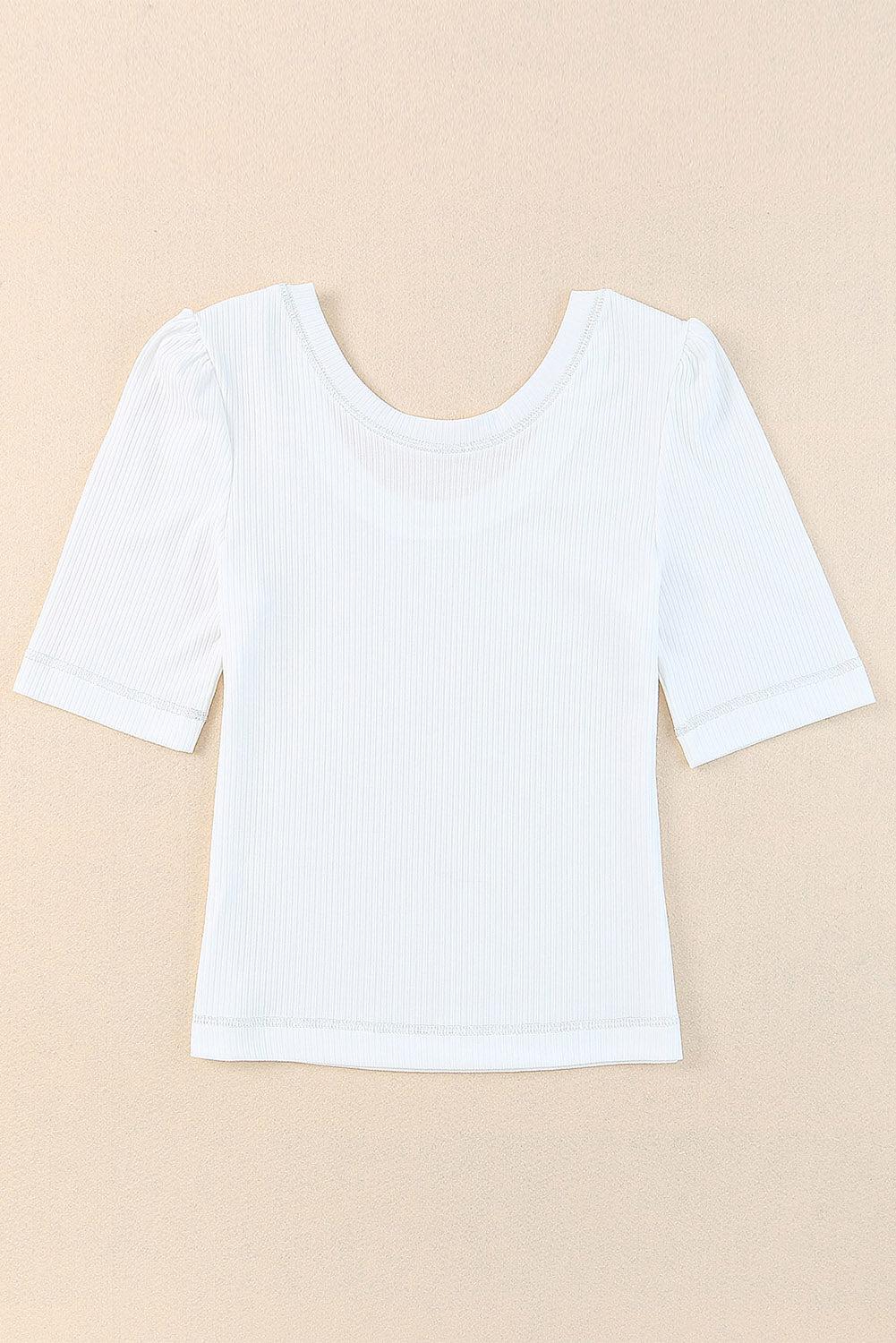 White Ribbed Knit Scoop Neck Half Sleeve Basic T Shirt