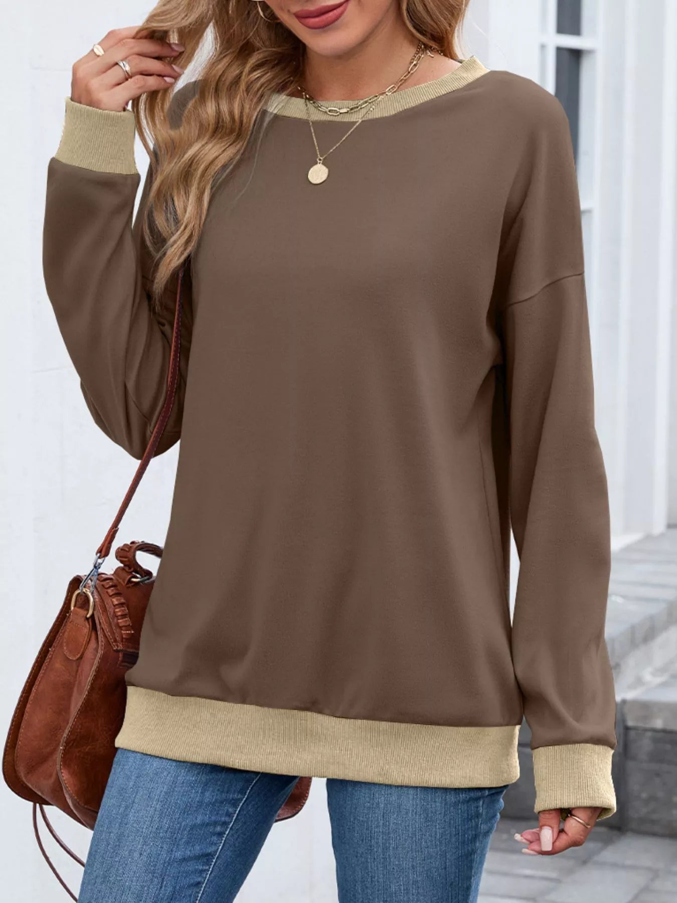 Contrast Trim Long Sleeve Sweatshirt  Shop One Place