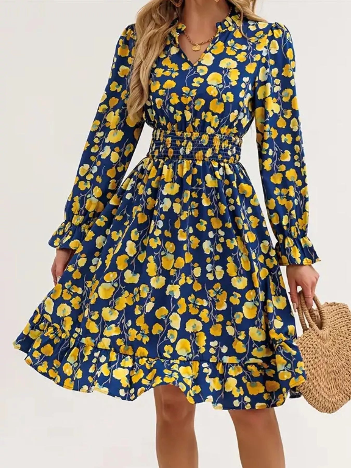 Floral Notched Flounce Sleeve Dress  Shop One Place