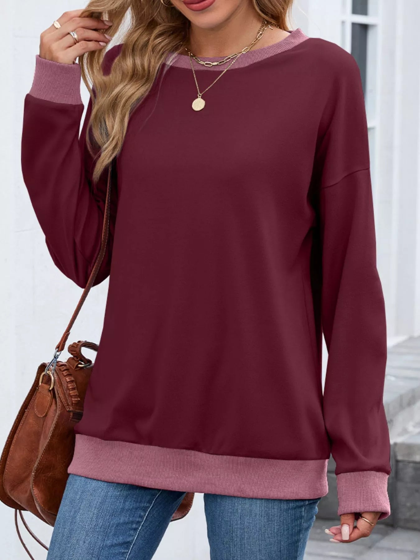 Contrast Trim Long Sleeve Sweatshirt  Shop One Place