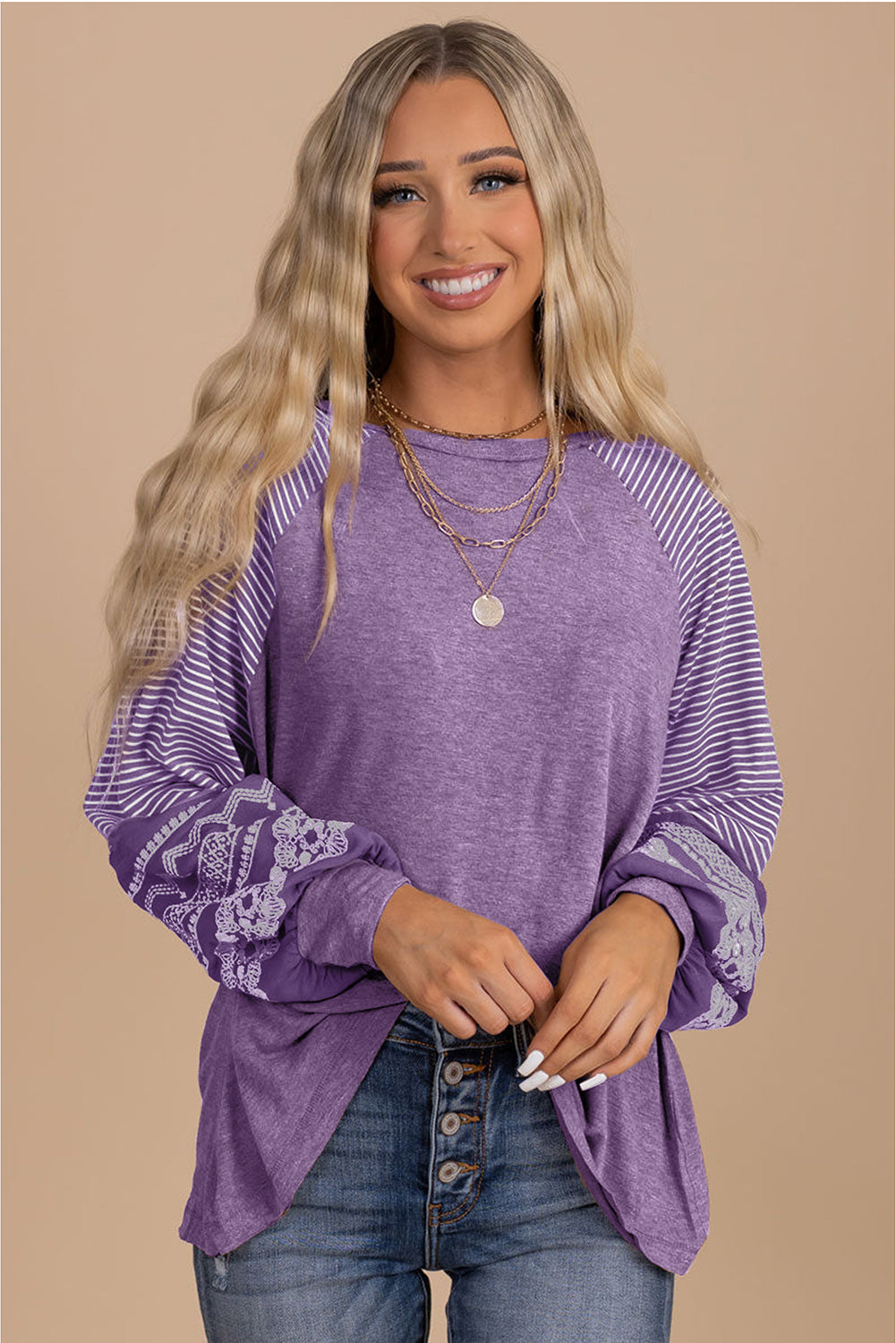 Contrast Print Striped Raglan Long Sleeve Loose Top  Shop One Place