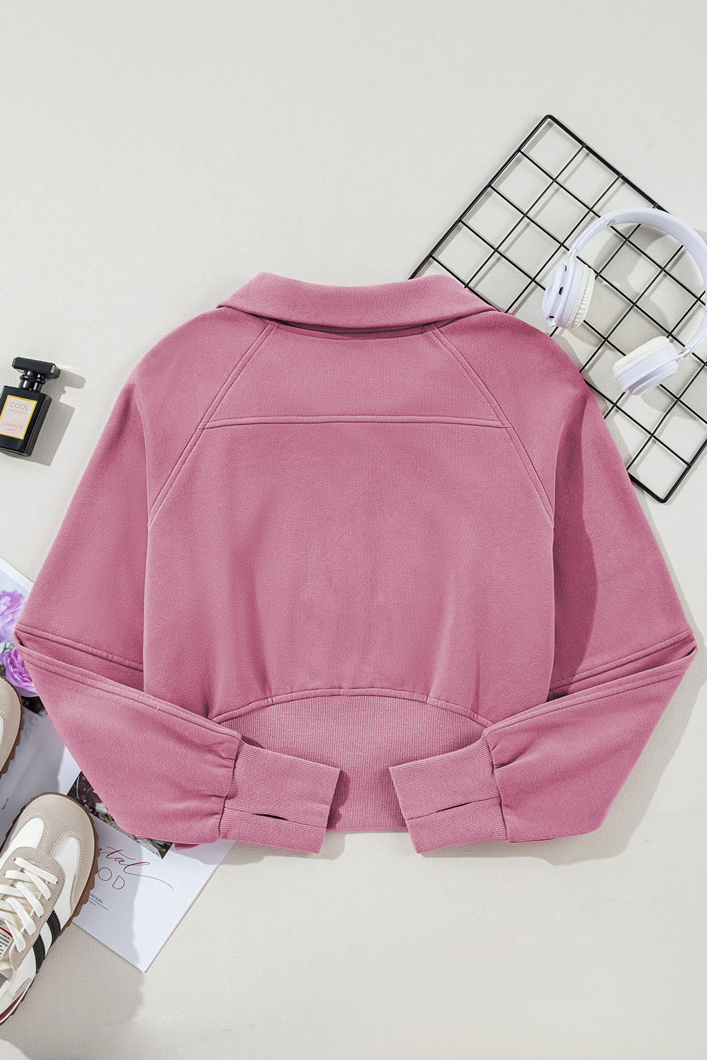 Zip Up Stand Collar Ribbed Thumbhole Sleeve Sweatshirt