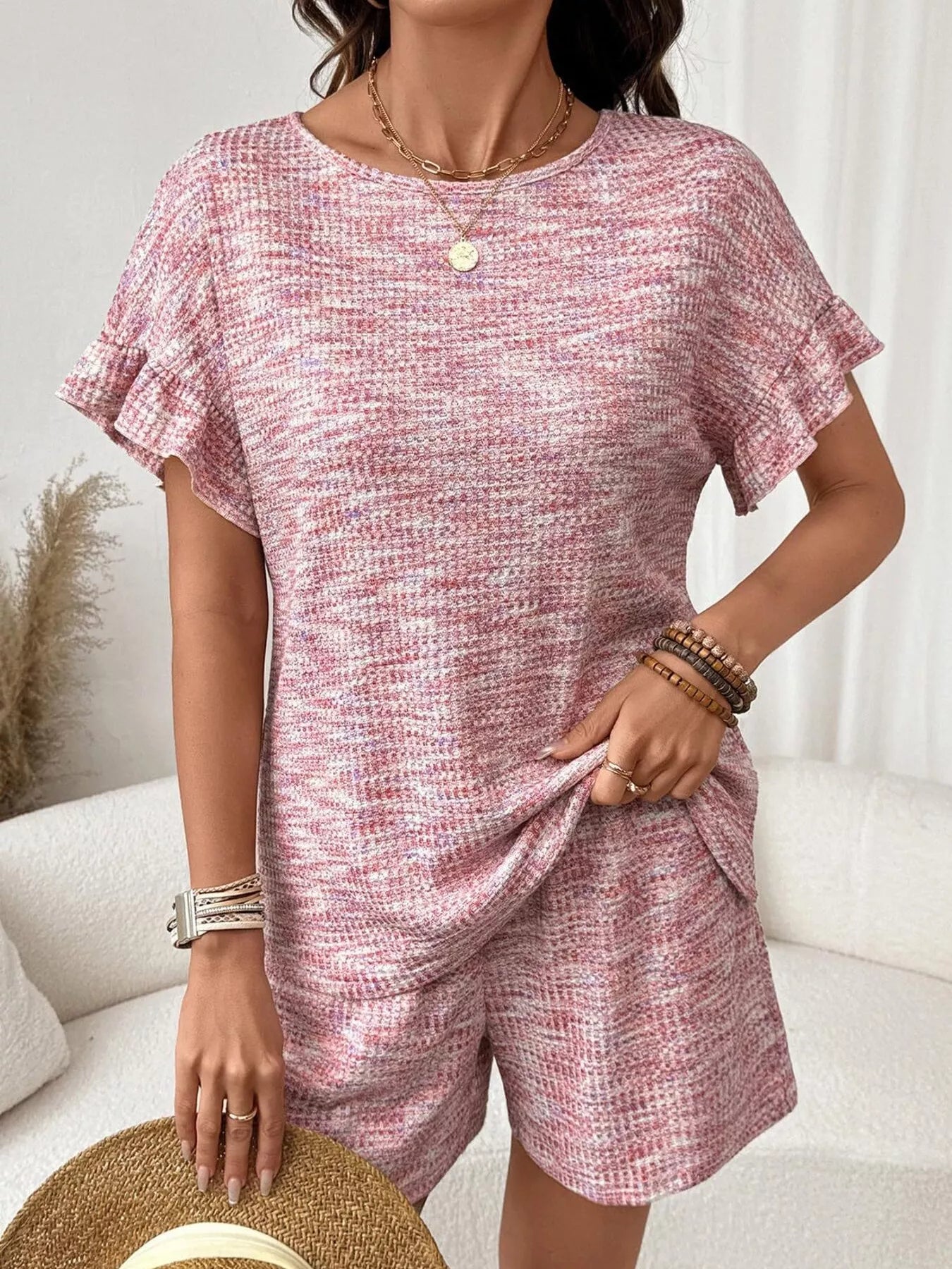 Ruffle Sleeve Textured Top and Shorts Set  Shop One Place