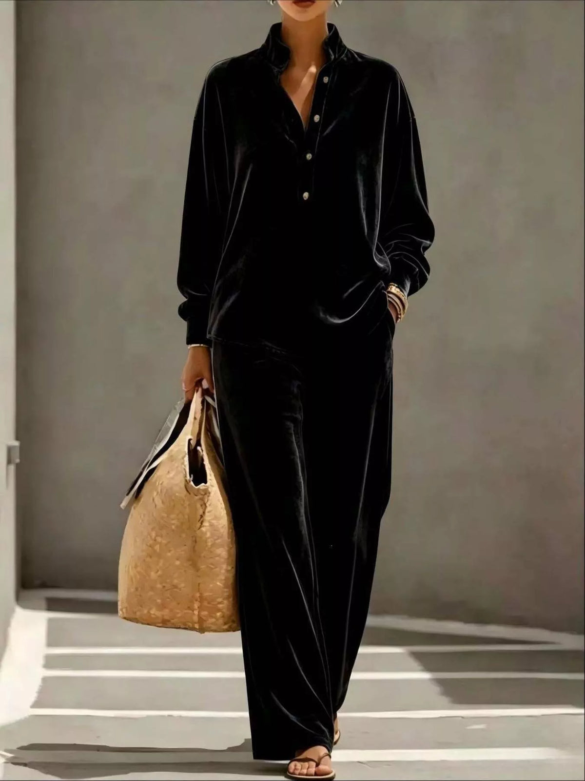 Women's Half-Button Top & Wide-Leg Pants Set – view 9