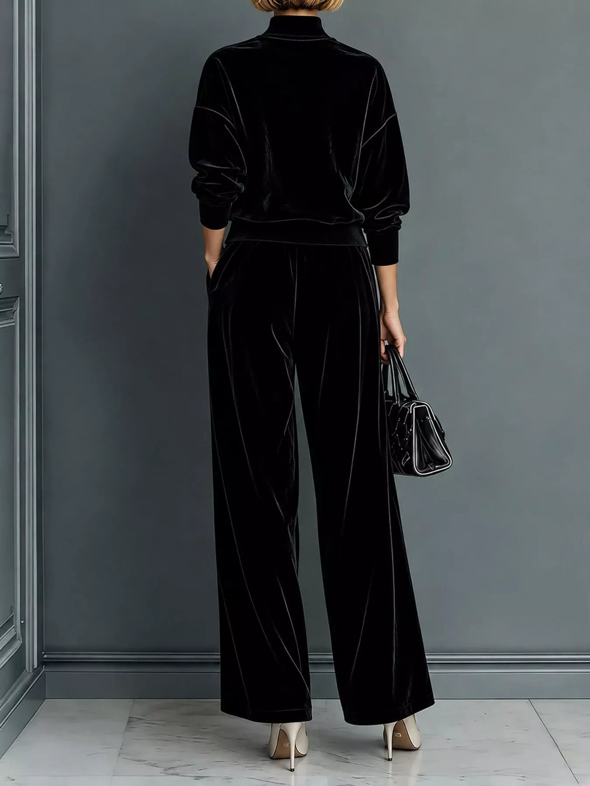 Women's Velvet Mock Neck Top & Wide-Leg Pants Set – view 6