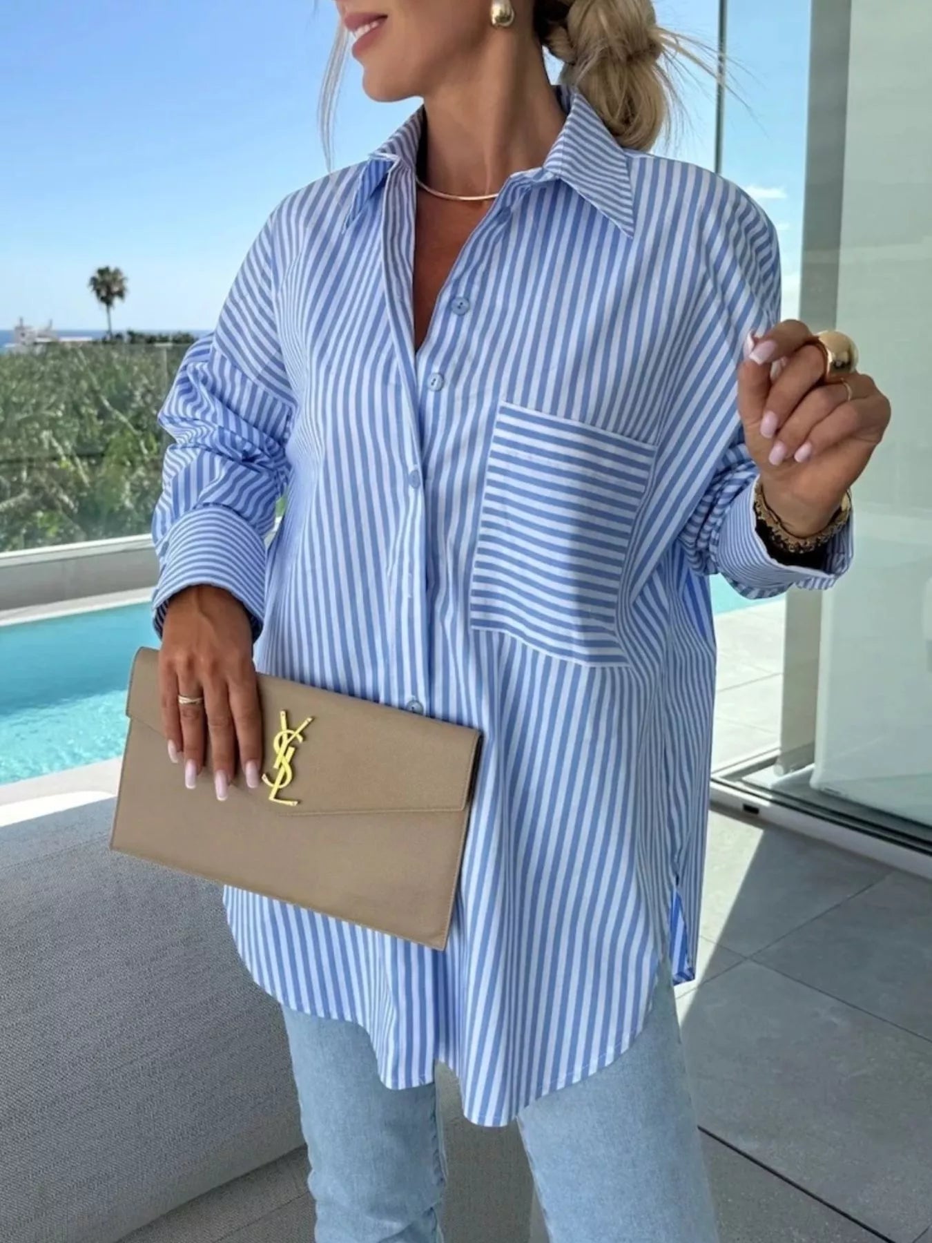 Striped Oversized Button-Down Shirt  Shop One Place