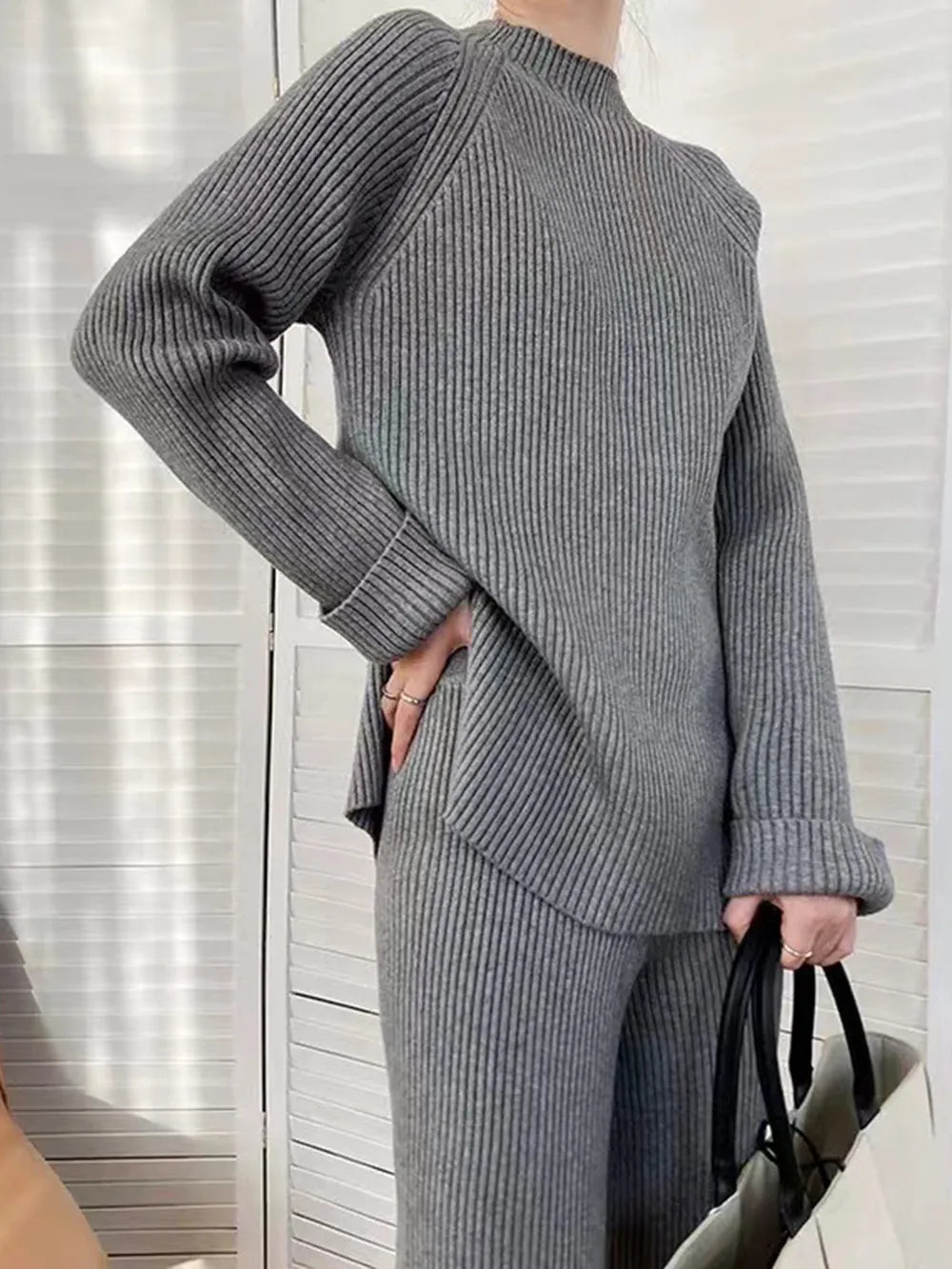 Mock Neck Raglan Sleeve Top and Pants Sweater Set  Shop One Place