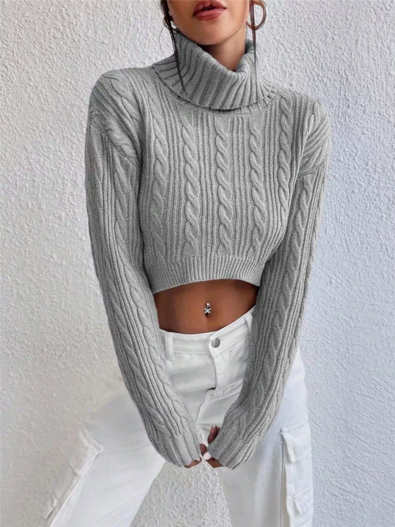 Cable-Knit Turtleneck Long Sleeve Sweater  Shop One Place