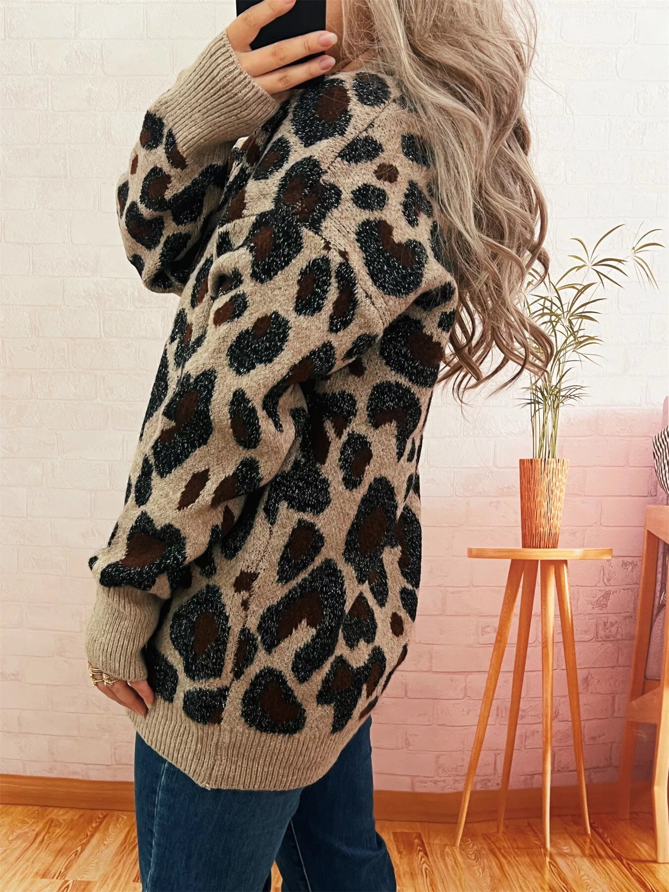 Leopard V-Neck Drop Shoulder Sweater  Shop One Place