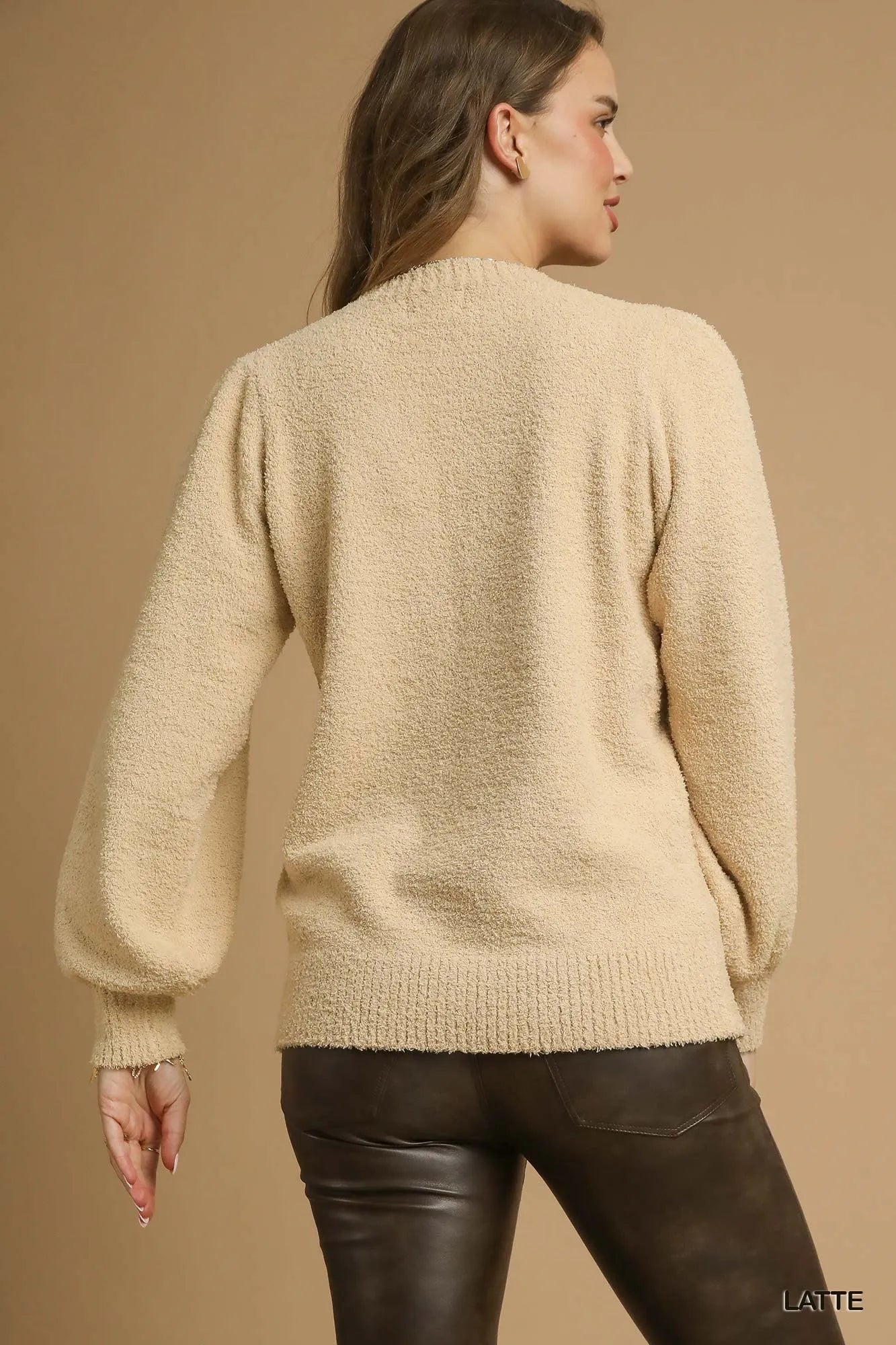 Umgee Textured Long Sleeve Sweater with Ribbed Trim  Shop One Place