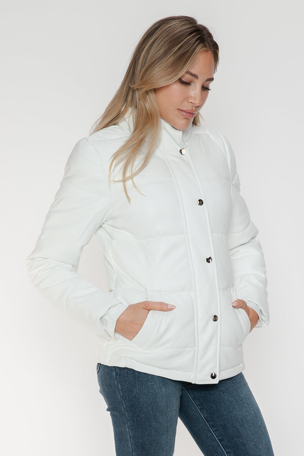 White YMI Pocketed Zip Up Turtleneck Puffer Jacket