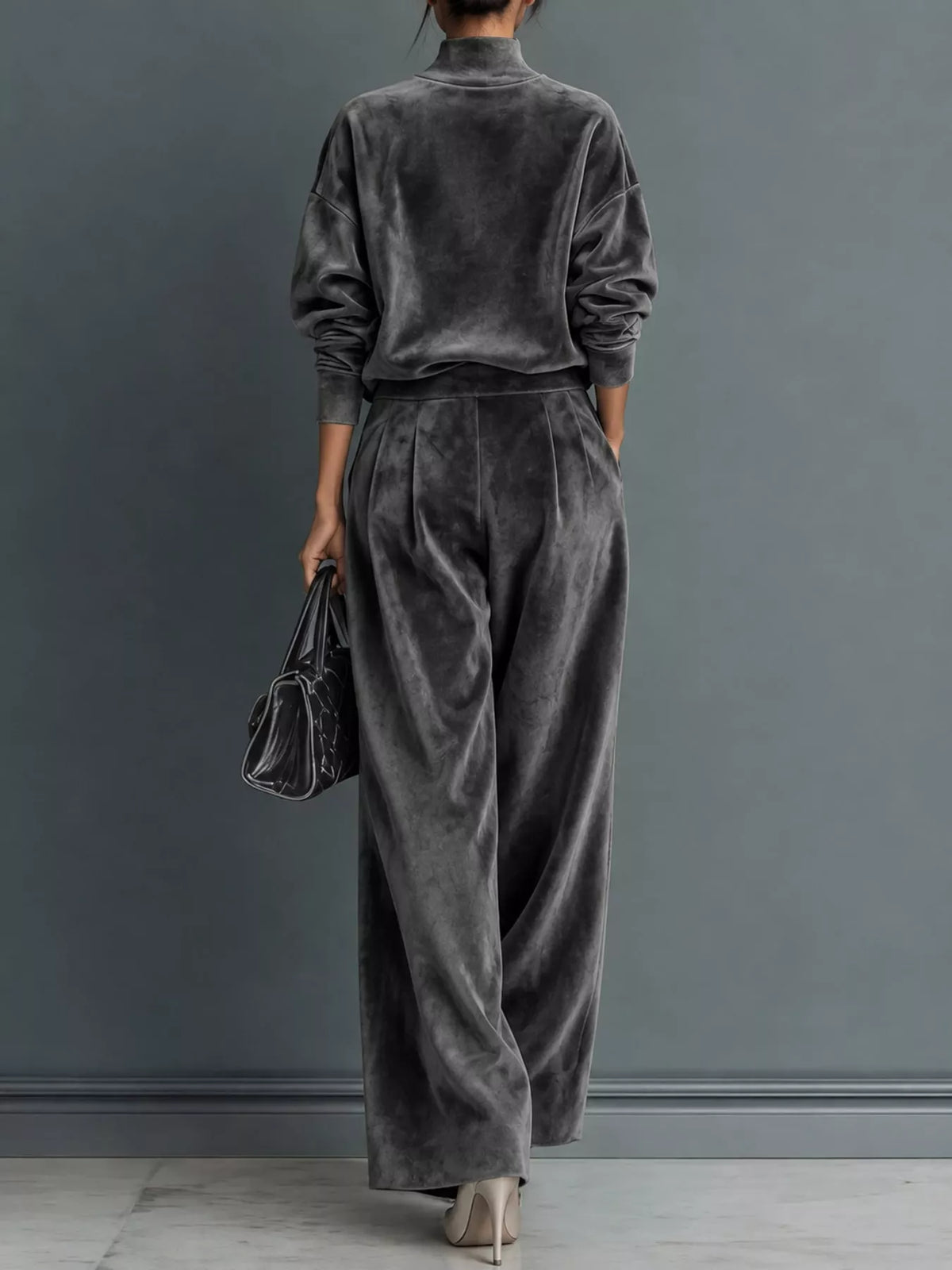 Women's Velvet Mock Neck Top & Wide-Leg Pants Set – view 10