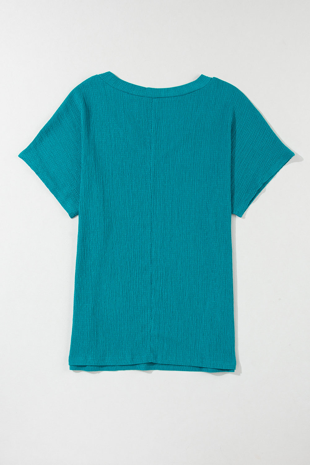 Blue Plain Crinkled V Neck Flounce Sleeve Blouse