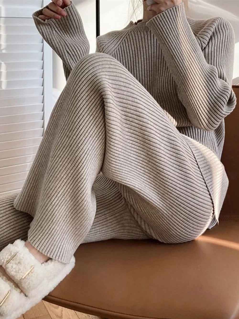 Mock Neck Raglan Sleeve Top and Pants Sweater Set  Shop One Place