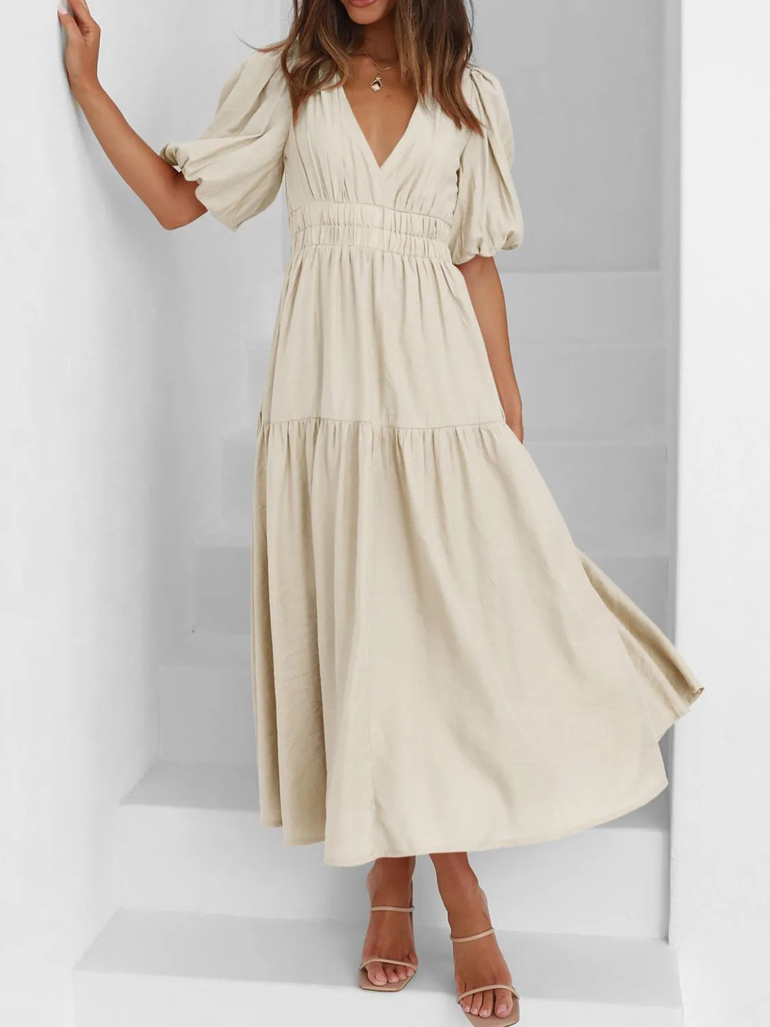 V-Neck Puff Sleeve Midi Dress  Shop One Place