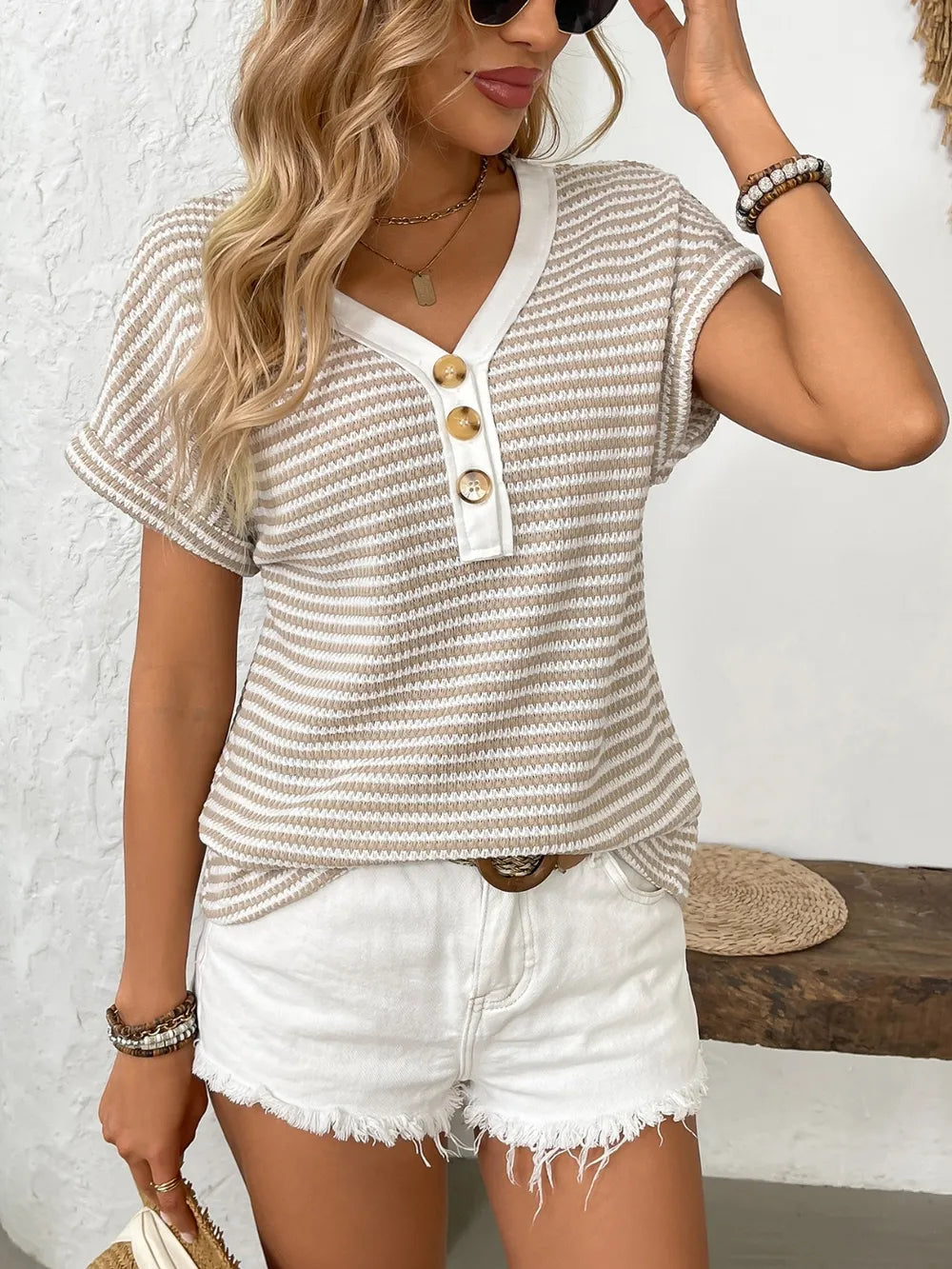 Striped V-Neck Short Sleeve T-Shirt  Shop One Place