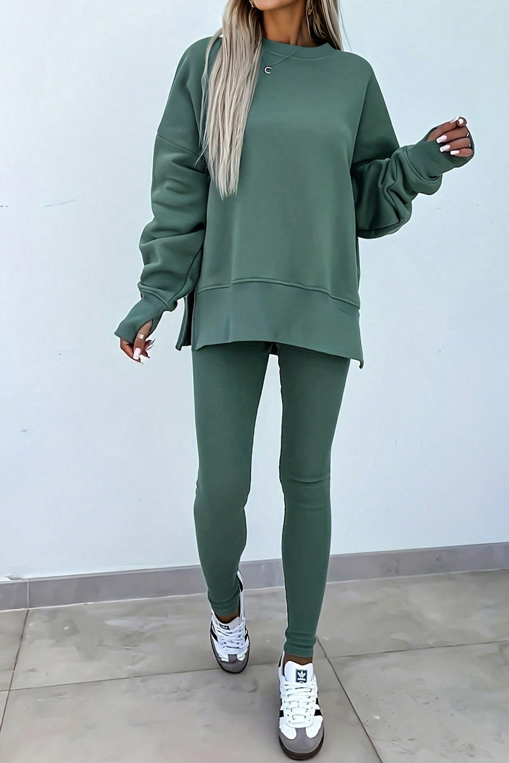 Green Bay Solid Color Oversize Slit Sweatshirt Ribbed Leggings Set  Shop One Place