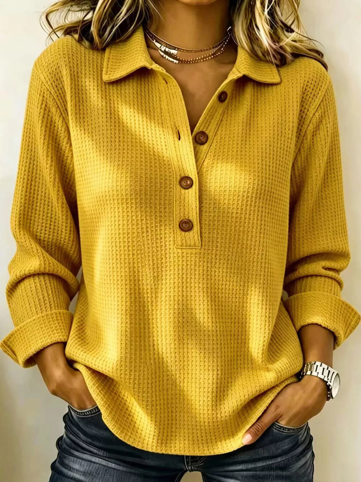 Full Size Waffle Knit Long Sleeve Polo Top Plus Size  Shop One Place