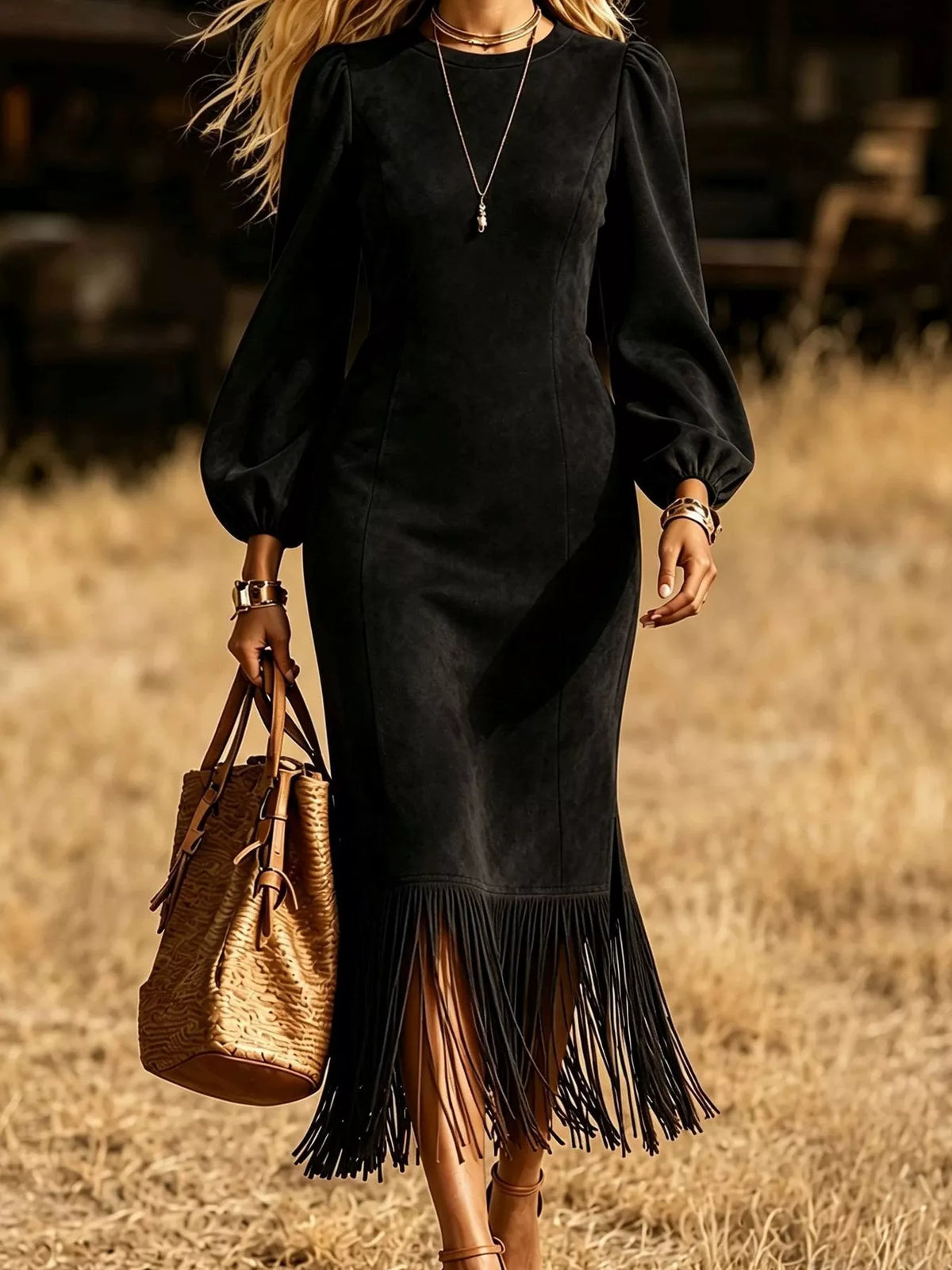 Women's Fringe Hem Balloon Sleeve Midi Dress – view 3