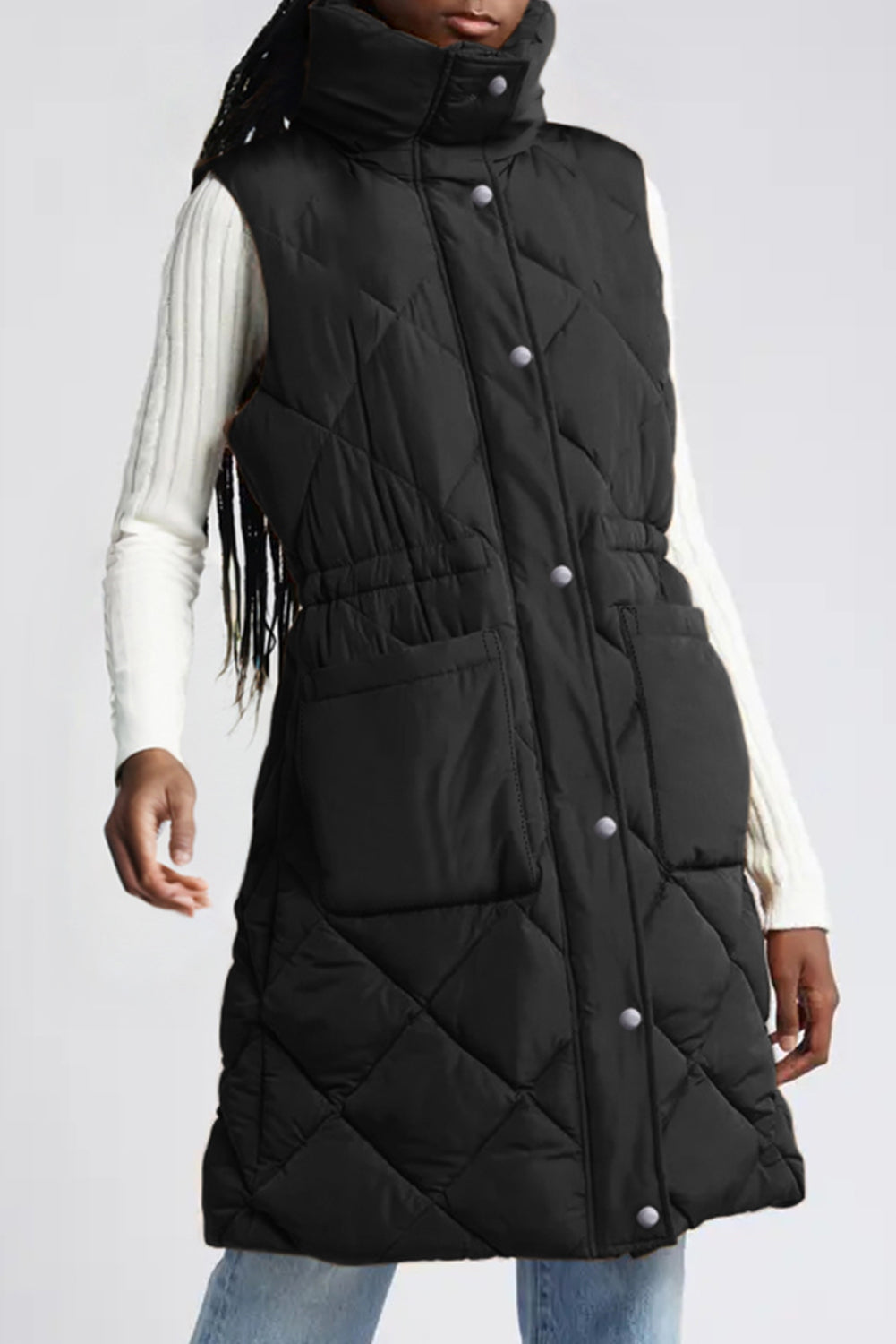Coffee Puffer Quilted Stand Collar Pocketed Vest Coat  Shop One Place
