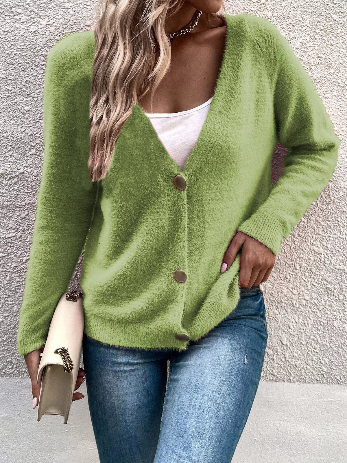 Soft Fuzzy V-Neck Button-Down Cardigan  Shop One Place